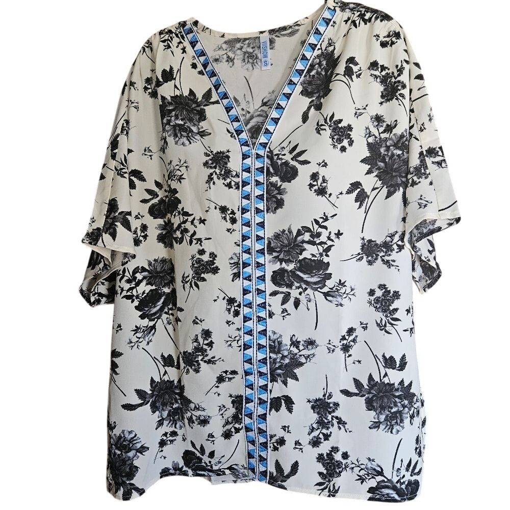 Viishow Floral Print Blouse Top Short Sleeve Geometric Trim Large New
